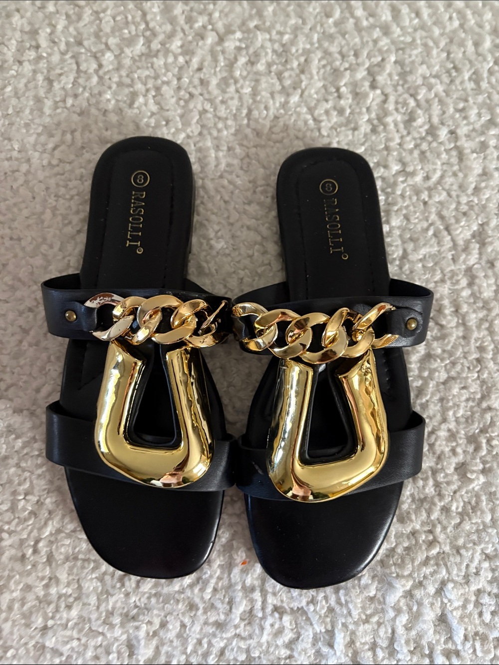 Rasolli Black Slide Sandals with Gold Chain and Hardware very Unique